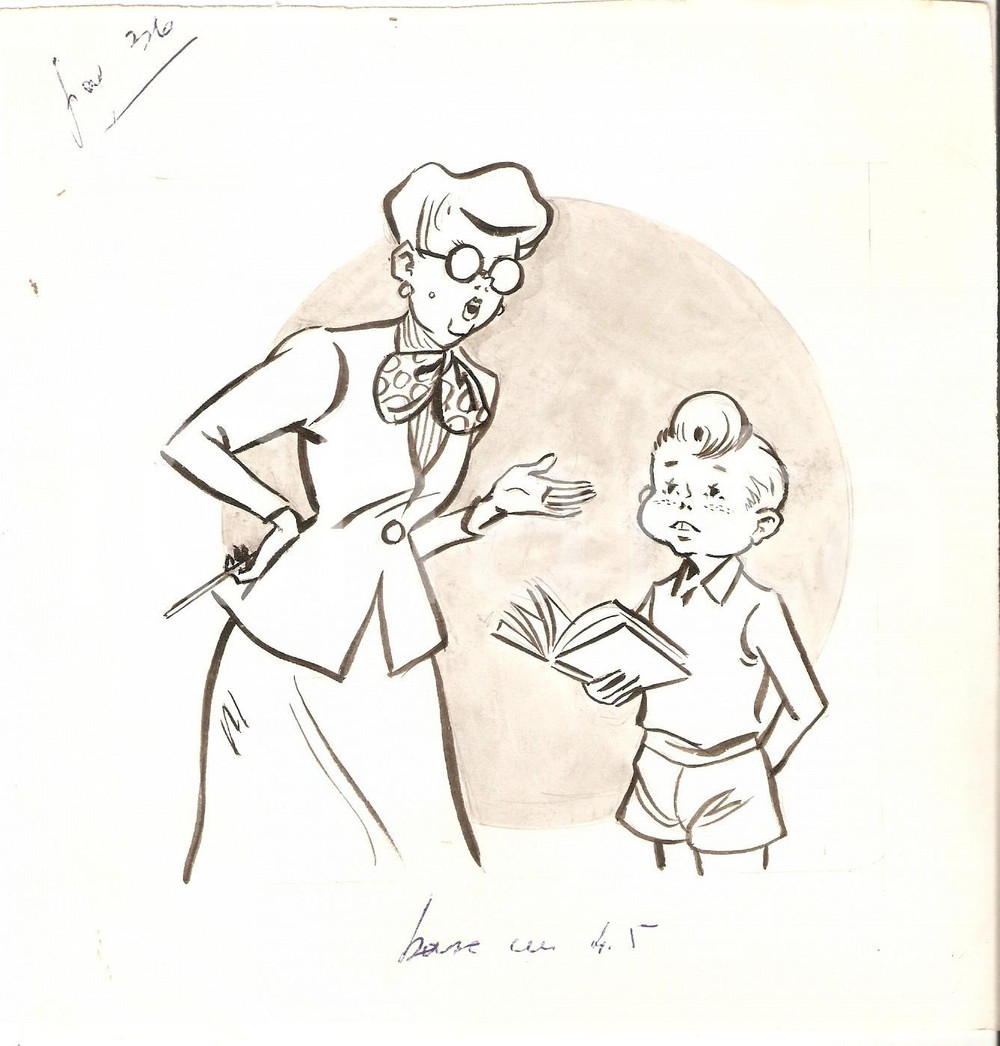 Stampa, bozzetto originale 1955 ca IL VITTORIOSO ? Maestra sgrida scolaro Illustrazione ORIGINALE 16x17 cm 1