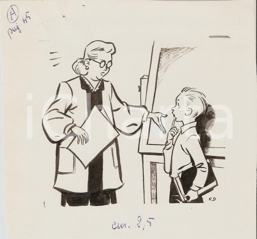 Stampa, bozzetto originale 1955 ca IL VITTORIOSO ? Maestra sgrida scolaro Illustrazione ORIGINALE 15x14 cm 1