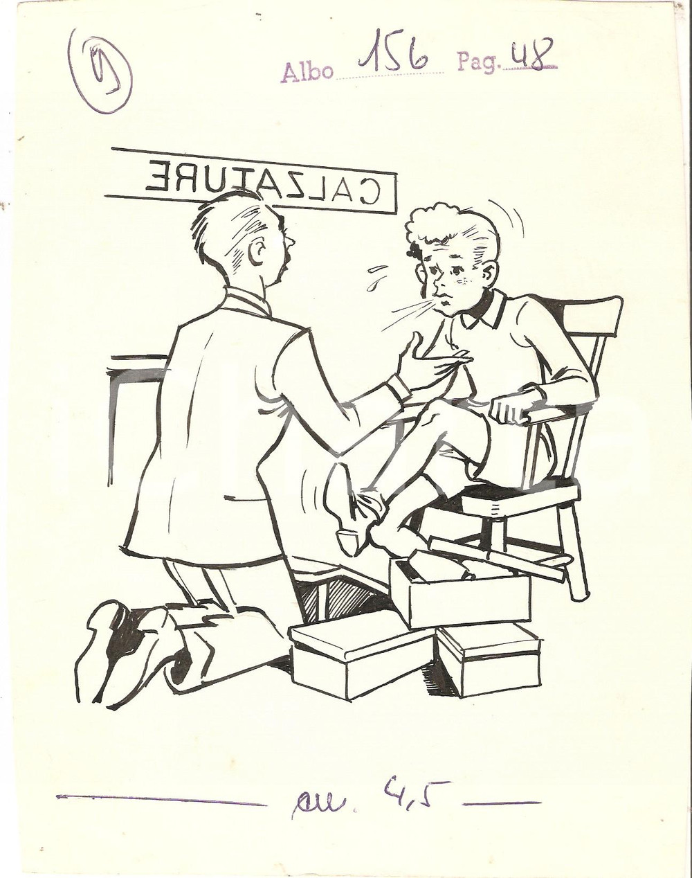 Stampa, bozzetto originale 1955 ca IL VITTORIOSO ? Bambino al negozio calzature Illustrazione ORIGINALE 1
