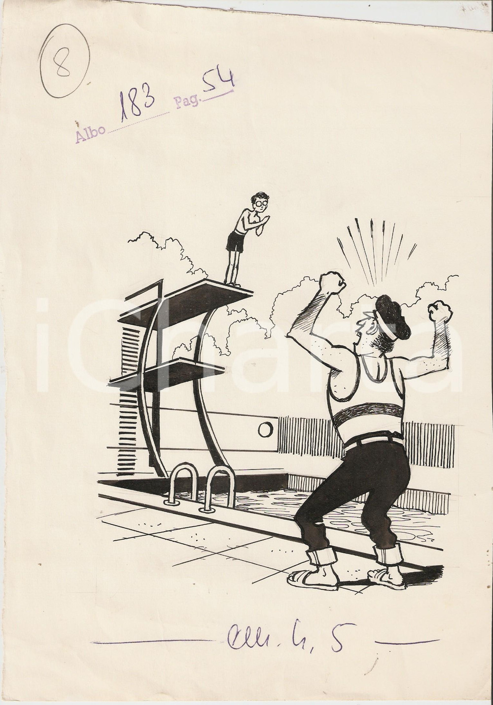 Stampa, bozzetto originale 1955 ca IL VITTORIOSO ? Bagnino urla a tuffatore inesperto Ill. ORIGINALE 19x27 1