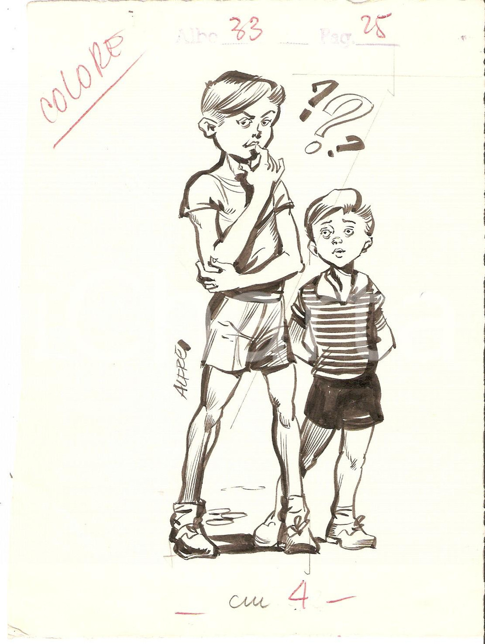 Stampa, bozzetto originale 1955 ca IL VITTORIOSO Alfredo BRASIOLI Illustrazione ORIGINALE Bambini 13x18 1