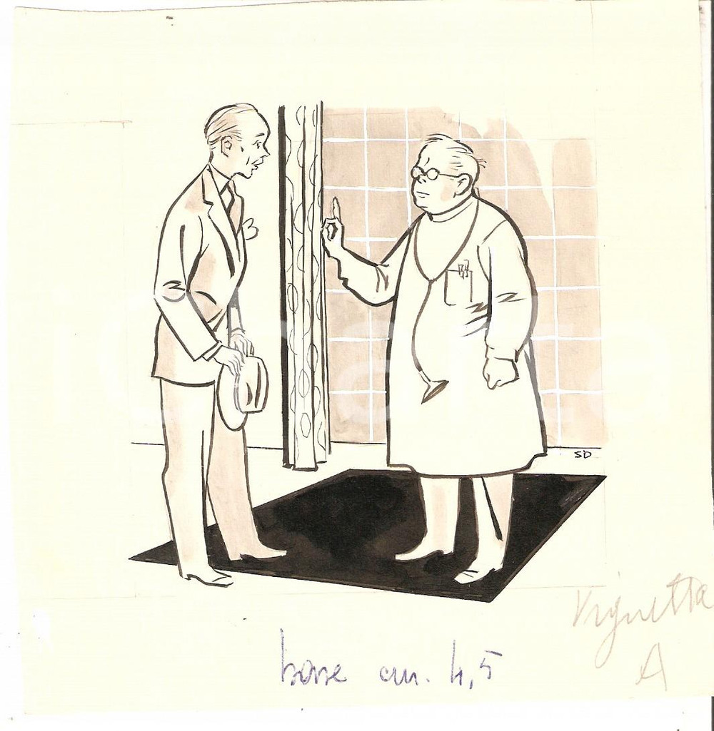 Stampa, bozzetto originale 1955 ca IL VITTORIOSO ? Illustrazione ORIGINALE Medico e paziente 13x13 cm 1