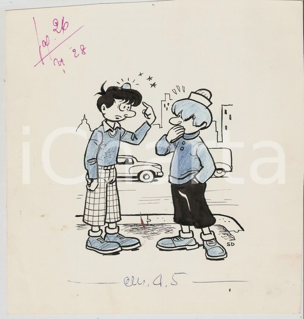 Stampa, bozzetto originale 1955 ca IL VITTORIOSO ? Bambino mostra bernoccolo Illustrazione ORIGINALE 20x21 1