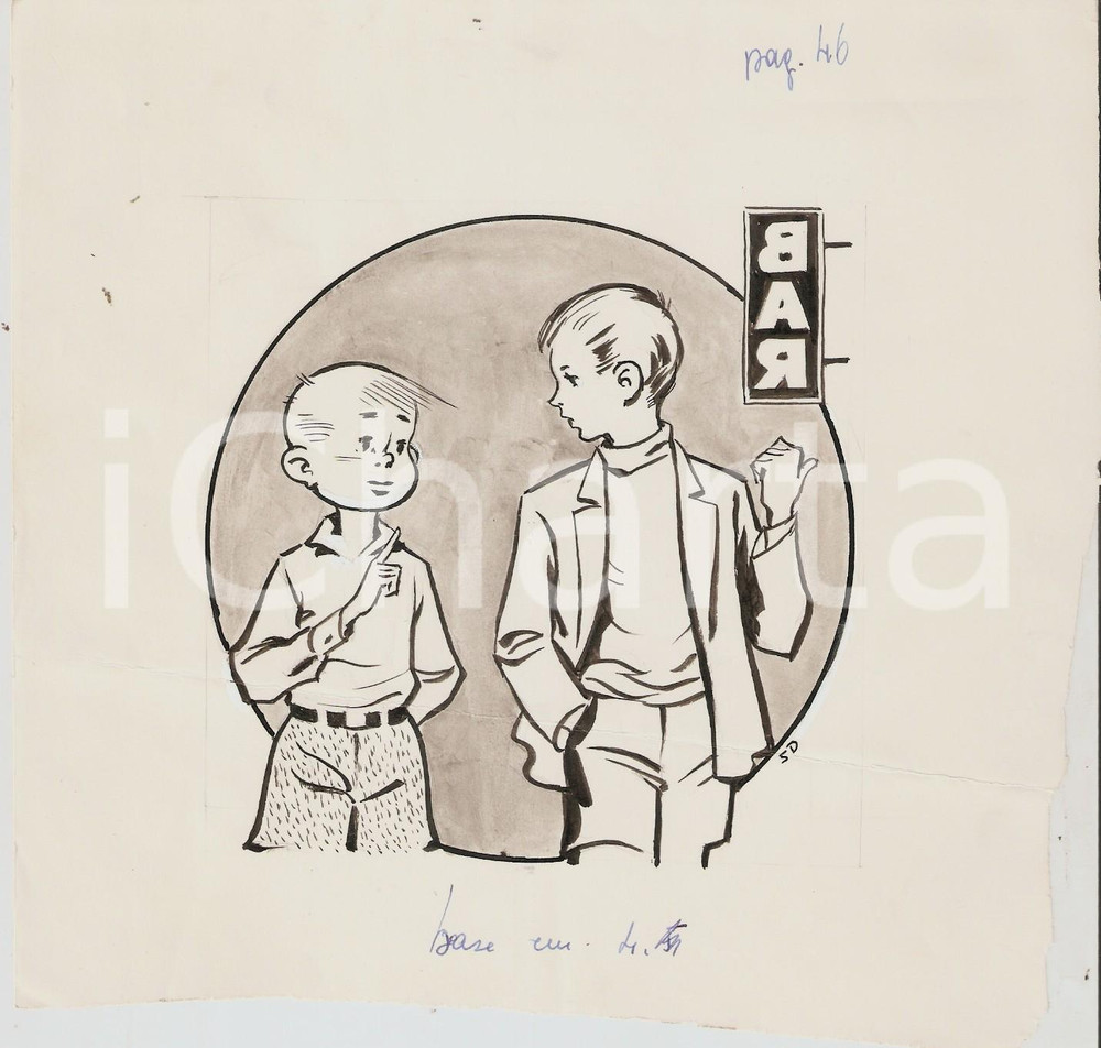 Stampa, bozzetto originale 1955 ca IL VITTORIOSO ? Illustrazione ORIGINALE Bambini vanno al bar 18x16 1