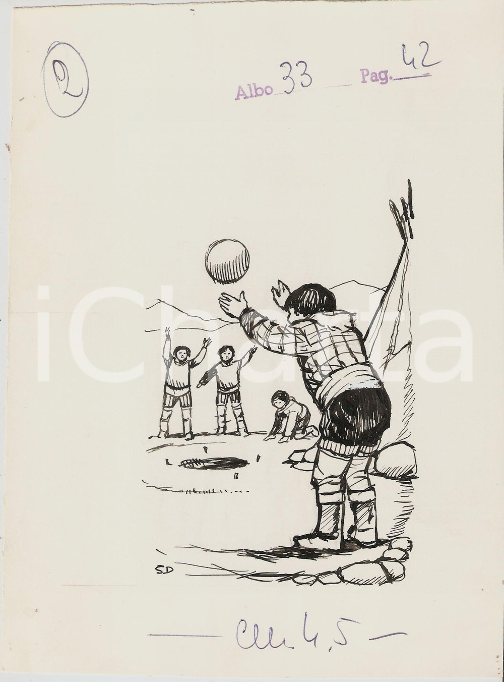 Stampa, bozzetto originale 1955 ca IL VITTORIOSO ? Bambini eschimesi giocano Illustrazione ORIGINALE 16x22 1