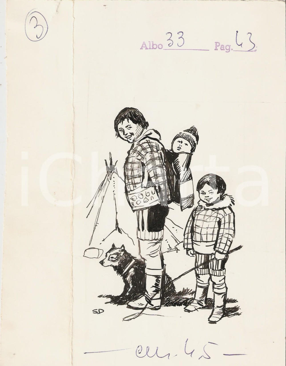 Stampa, bozzetto originale 1955 ca IL VITTORIOSO ? Famiglia eschimese  Illustrazione ORIGINALE 16x21 cm 1