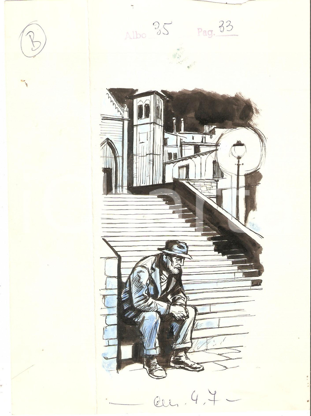 Stampa, bozzetto originale 1955 ca IL VITTORIOSO ? Illustrazione ORIGINALE Clochard 17x24 cm 1