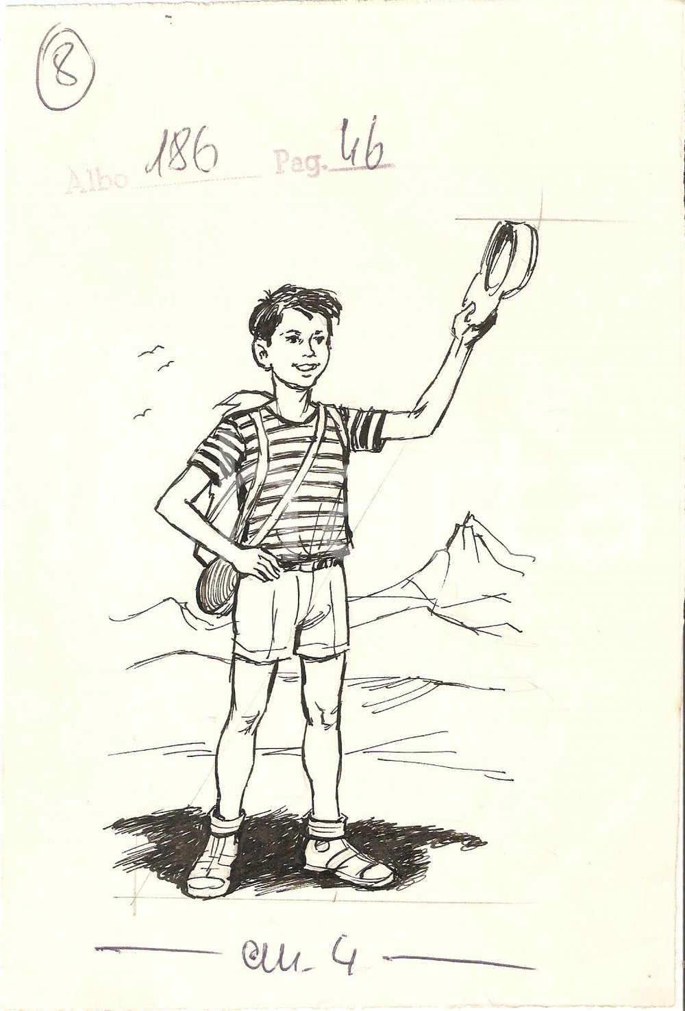 Stampa, bozzetto originale 1955 ca IL VITTORIOSO ? Illustrazione ORIGINALE Piccolo scalatore 13x20 cm 1
