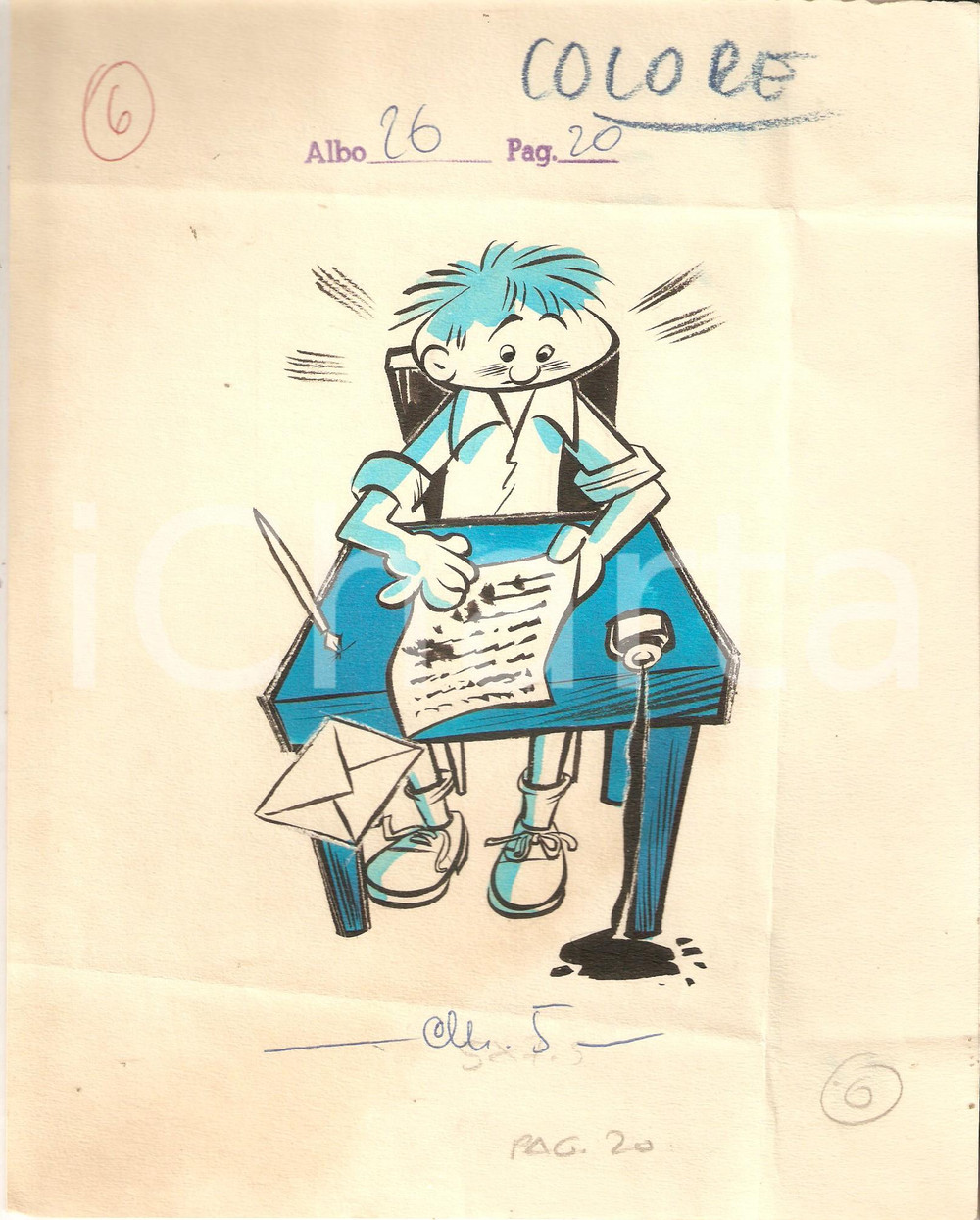 Stampa, bozzetto originale 1955 ca IL VITTORIOSO ? Scolaro pasticcione  Illustrazione ORIGINALE 20x25 cm 1