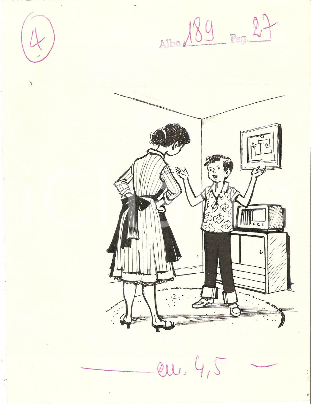 Stampa, bozzetto originale 1955 ca IL VITTORIOSO ? Mamma vieta al figlio di ascoltare radio Ill. ORIGINALE 1