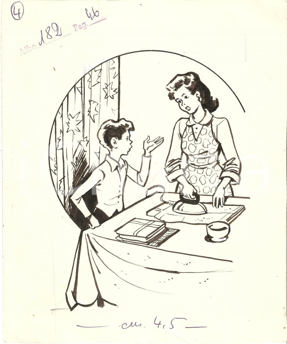 Stampa, bozzetto originale 1955 ca IL VITTORIOSO ? Illustrazione ORIGINALE  Mamma stira il bucato 20x24 1