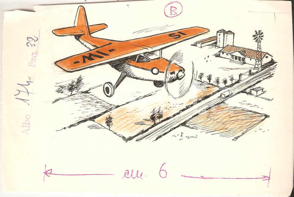 Stampa, bozzetto originale 1955 ca IL VITTORIOSO ? Aereo monomotore sorvola fattoria Ill. ORIGINALE 18x12 1