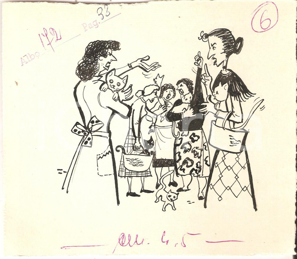 Stampa, bozzetto originale 1955 ca IL VITTORIOSO ? Litigio tra gattare  Illustrazione ORIGINALE 17x15 1