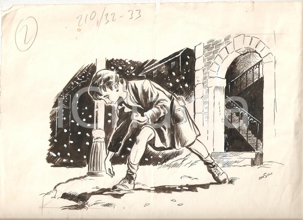 Stampa, bozzetto originale 1955 ca IL VITTORIOSO ? Illustrazione originale Alfredo BRASIOLI Orfano 1