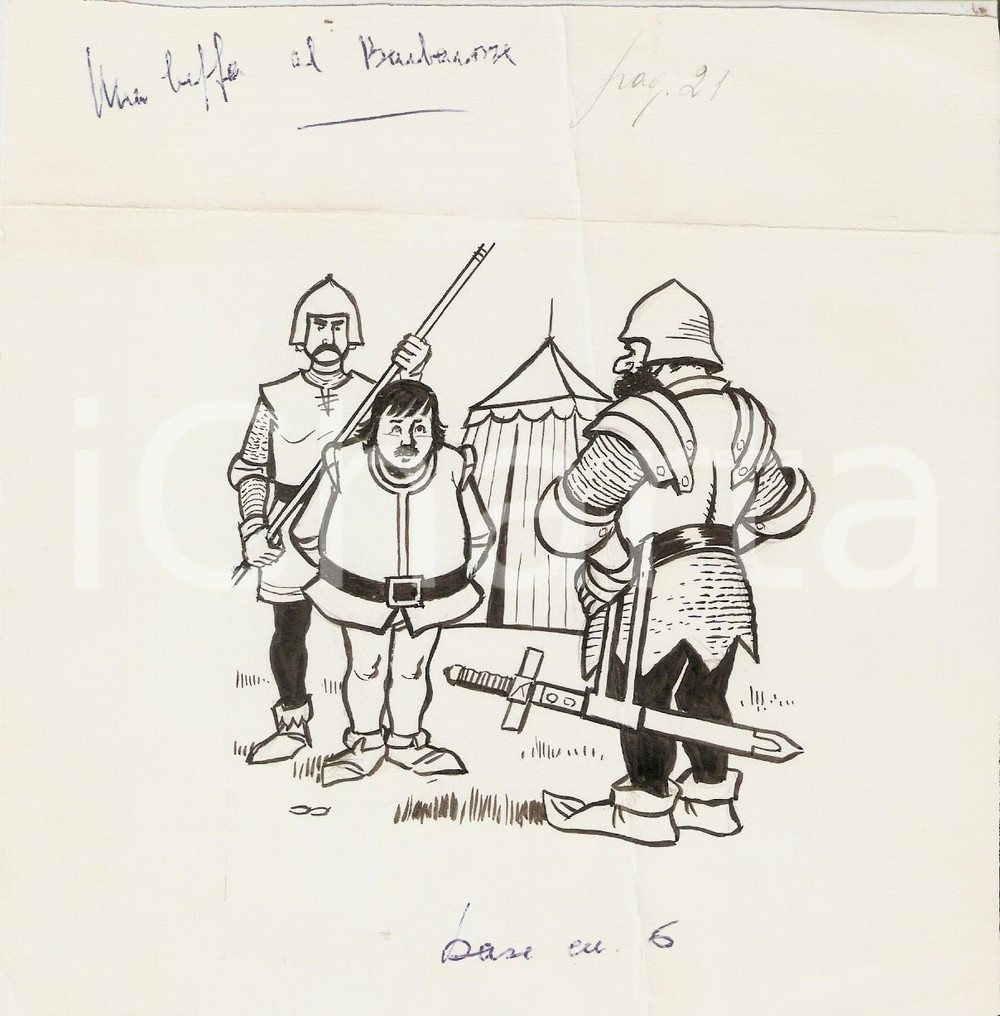 Stampa, bozzetto originale 1955 ca IL VITTORIOSO ? Una beffa al BARBAROSSA Illustrazione ORIGINALE 15x15 1