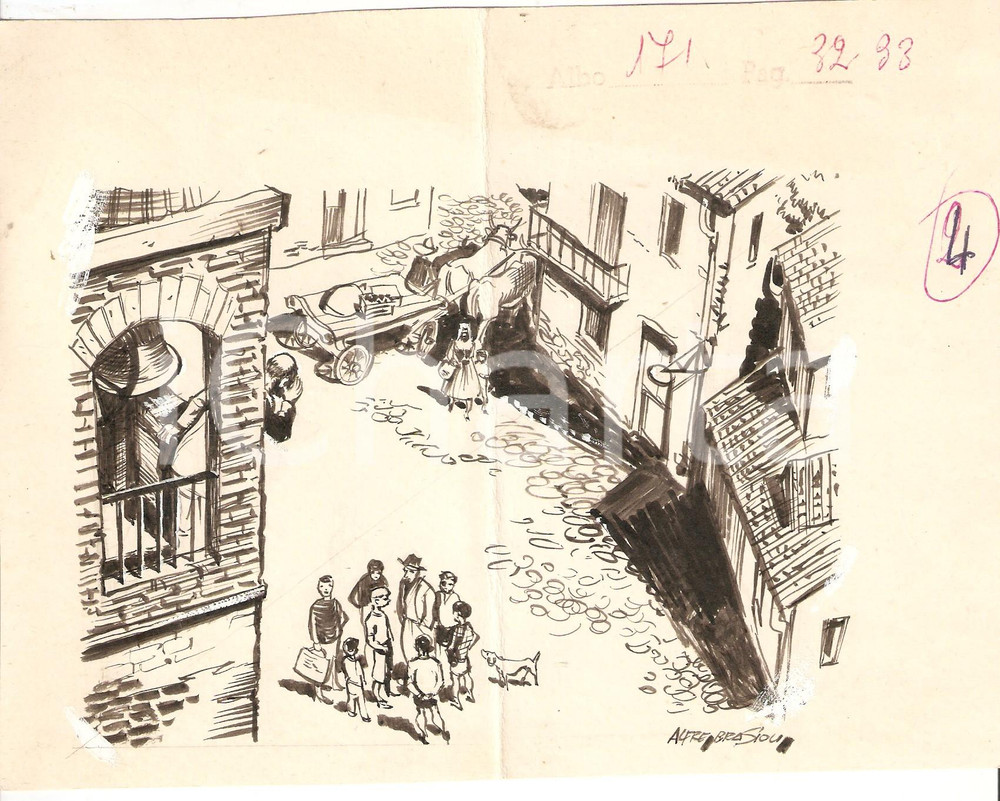 Stampa, bozzetto originale 1955 ca IL VITTORIOSO ? Illustrazione originale Alfredo BRASIOLI Vista del borgo 1