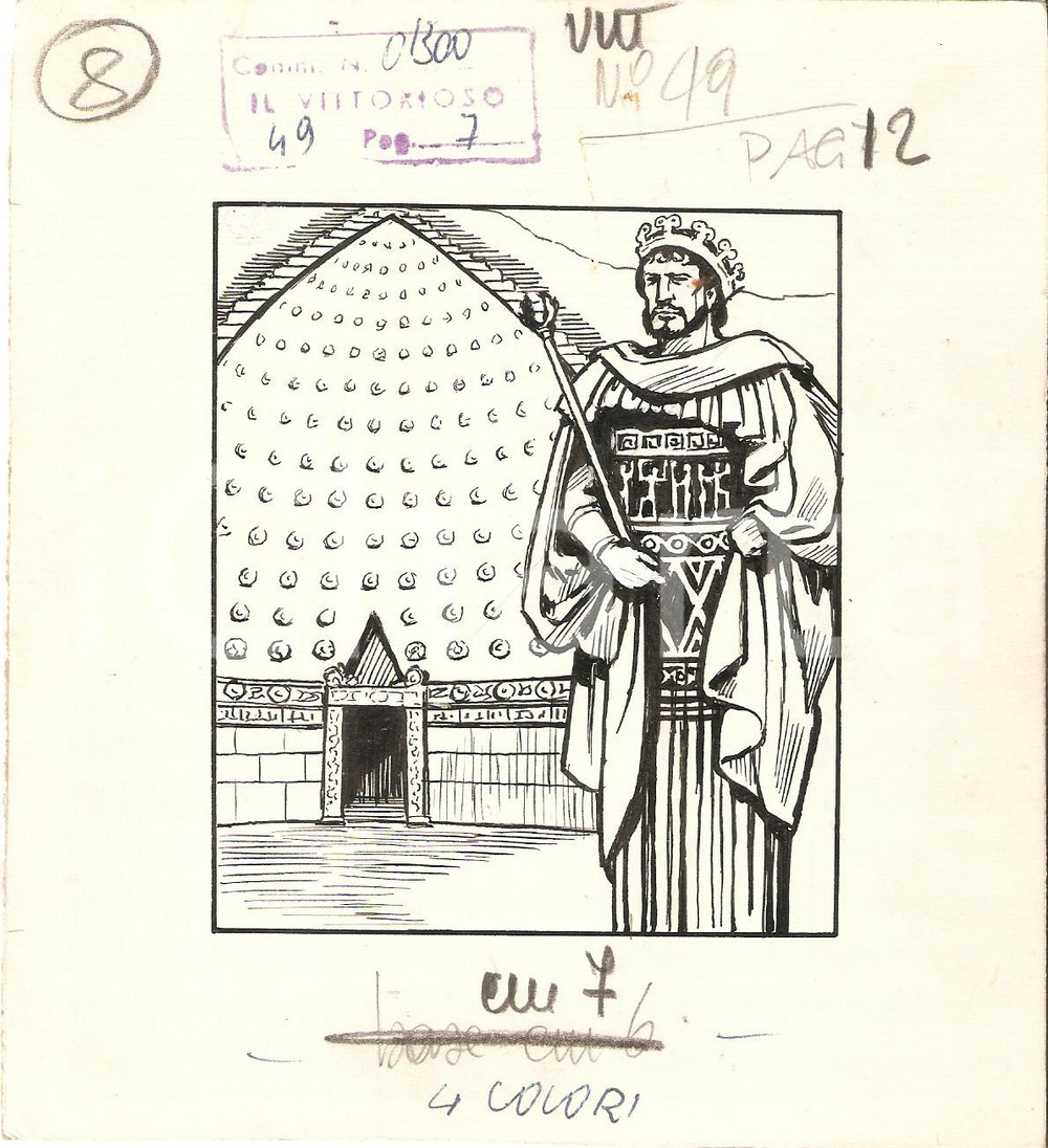 Stampa, bozzetto originale 1955 ca IL VITTORIOSO Re miceneo  Bozzetto a china per figurina 15x16 cm 1