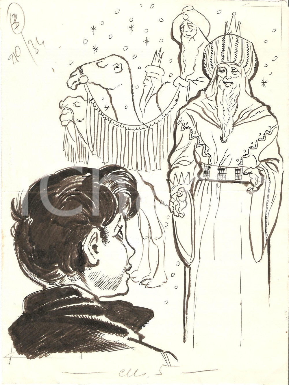 Stampa, bozzetto originale 1955 ca IL VITTORIOSO ? Illustrazione originale Alfredo BRASIOLI Re magi 20x27 1