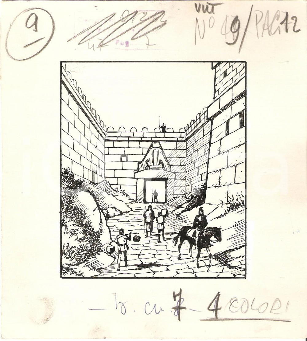 Stampa, bozzetto originale 1955 ca IL VITTORIOSO Contadini varcano le mura  Bozzetto a china per figurina 1