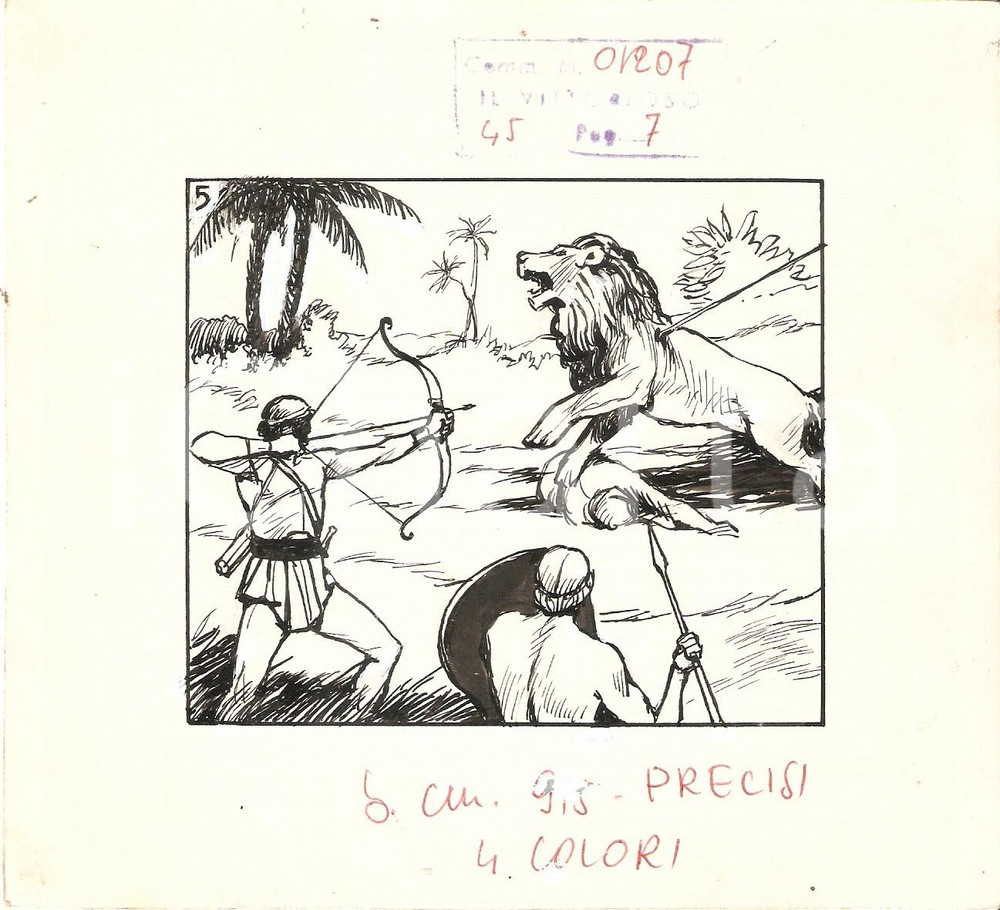 Stampa, bozzetto originale 1955 ca IL VITTORIOSO Soldati uccidono leone  Bozzetto a china per figurina 1