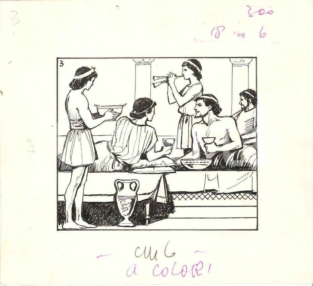 Stampa, bozzetto originale 1955 ca IL VITTORIOSO Banchetto ANTICA GRECIA  Bozzetto a china per figurina 1