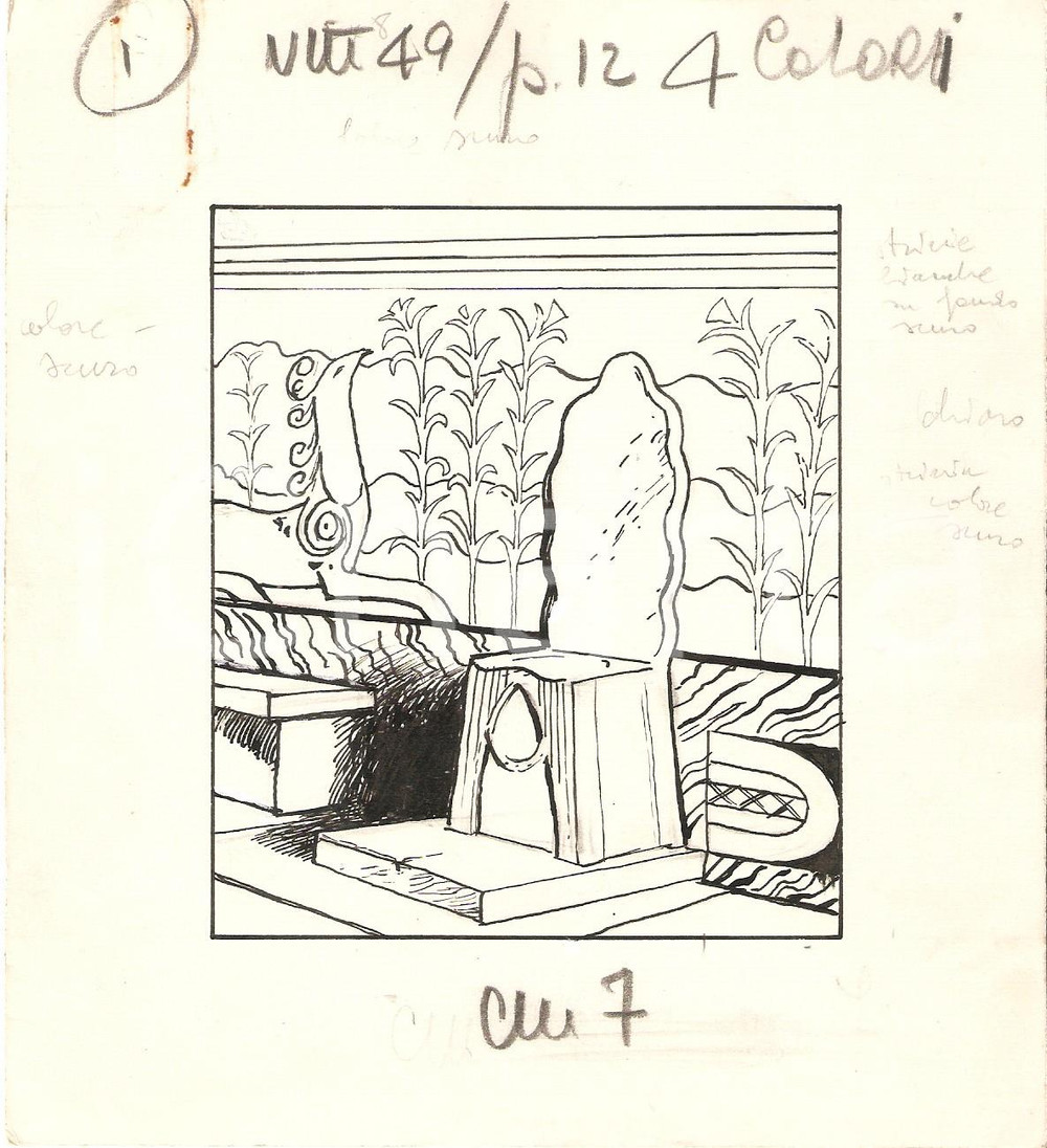 Stampa, bozzetto originale 1955 ca IL VITTORIOSO Sala del trono CNOSSO  Bozzetto a china per figurina 1
