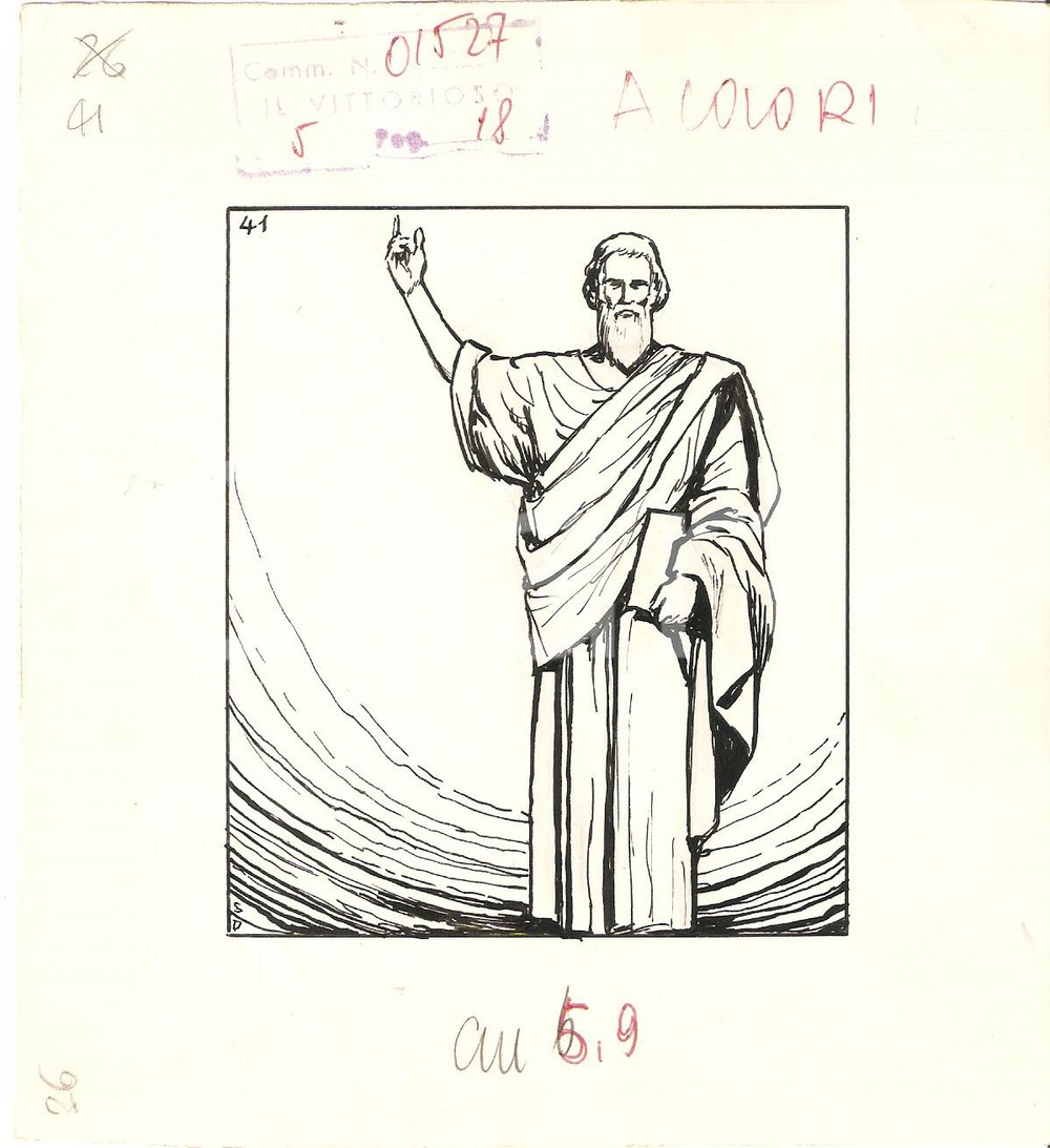 Stampa, bozzetto originale 1955 ca IL VITTORIOSO Filosofo ANTICA GRECIA Bozzetto a china per figurina 15x16 1
