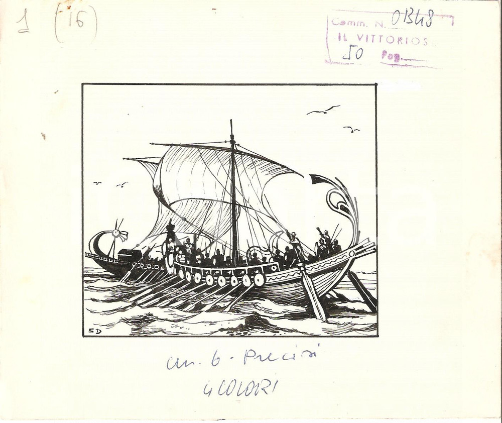 Stampa, bozzetto originale 1955 ca IL VITTORIOSO Trireme in azione  Bozzetto a china per figurina18x15 cm 1
