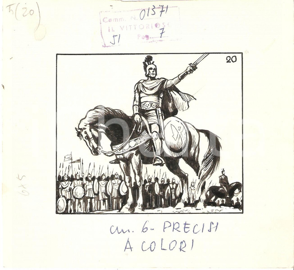 Stampa, bozzetto originale 1955 ca IL VITTORIOSO Condottiero incita i soldati Bozzetto a china per figurina 1