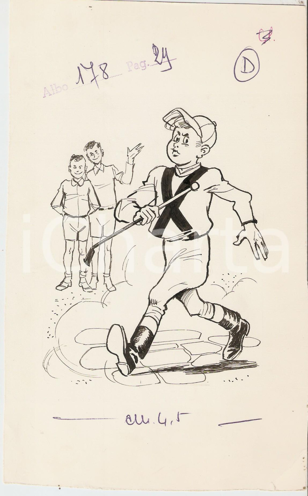 Stampa, bozzetto originale 1955 ca IL VITTORIOSO ? Bambino vestito da fantino Illustrazione ORIGINALE 14x23 1