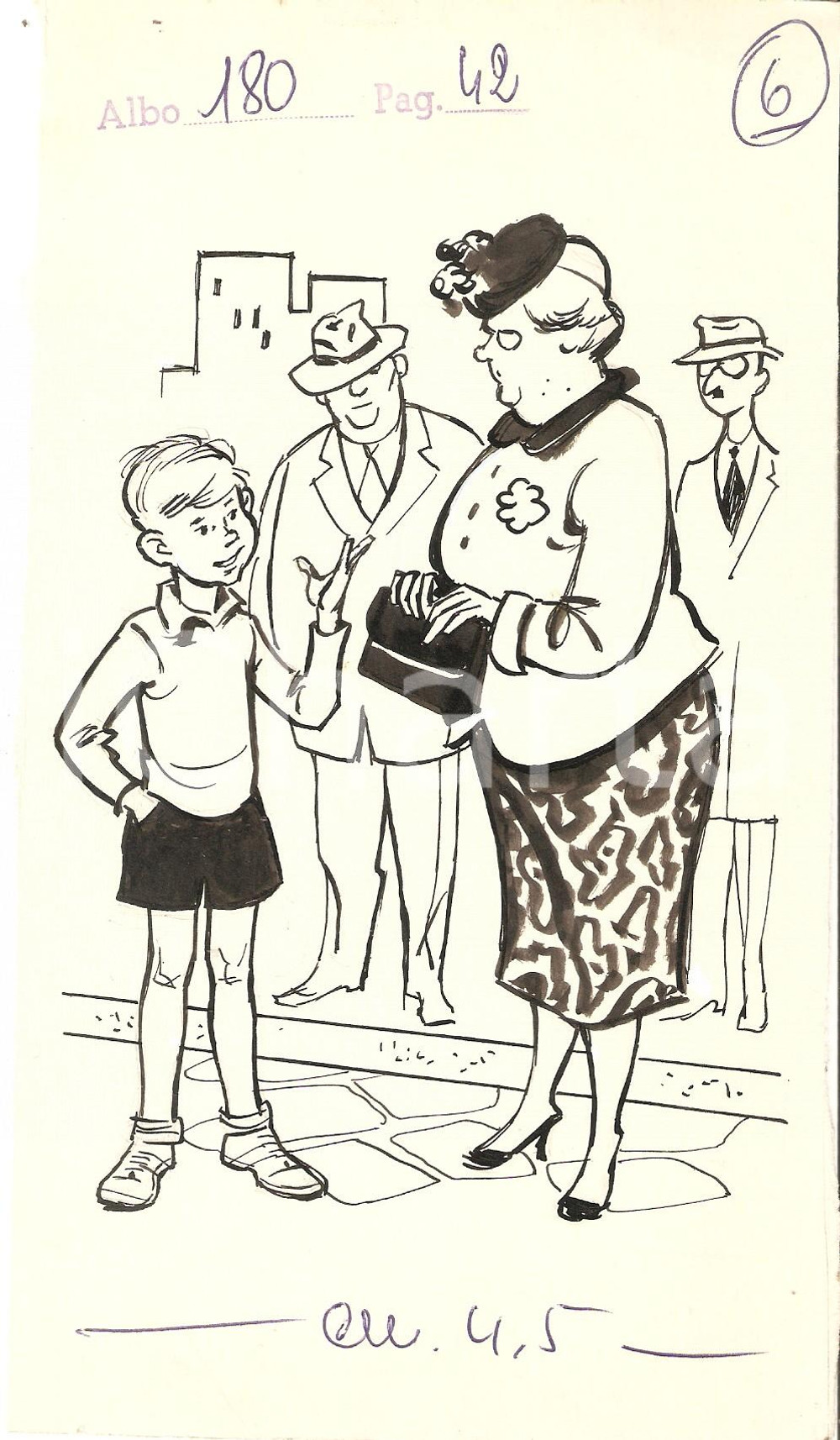 Stampa, bozzetto originale 1955 ca IL VITTORIOSO ? Illustrazione ORIGINALE Bambino discute con adulti 12x22 1