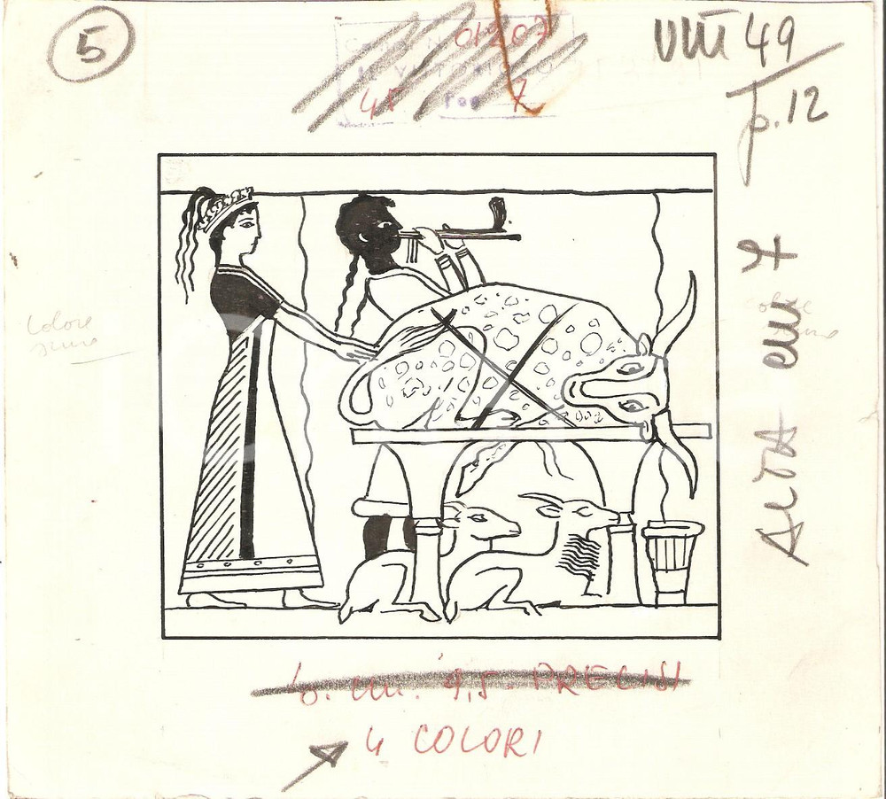 Stampa, bozzetto originale 1955 ca IL VITTORIOSO Sacrificio di un bue  Bozzetto a china per figurina 16x15 1