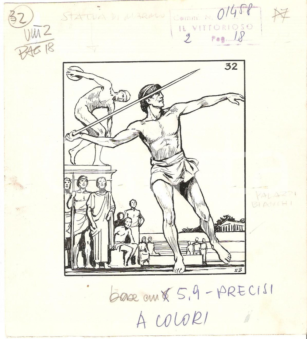 Stampa, bozzetto originale 1955 ca IL VITTORIOSO Lancio del giavellotto  Bozzetto a china per figurina 1