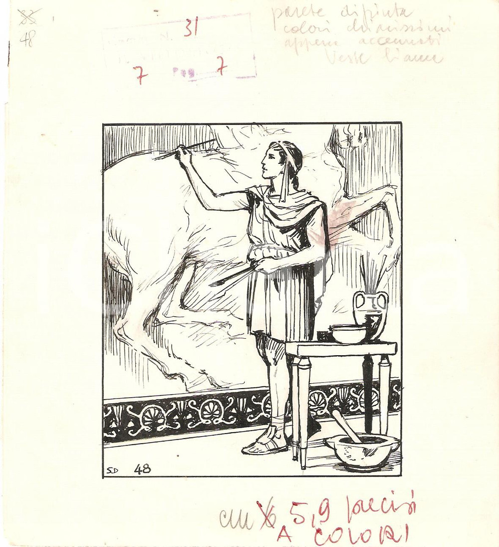 Stampa, bozzetto originale 1955 ca IL VITTORIOSO Pittore dipinge affresco  Bozzetto a china per figurina 1
