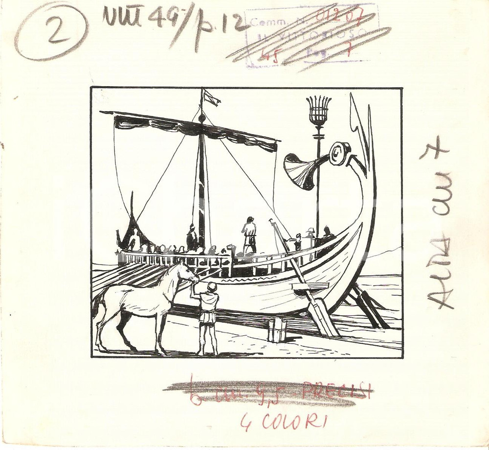 Stampa, bozzetto originale 1955 ca IL VITTORIOSO Trireme al porto  Bozzetto a china per figurina 16x15 1