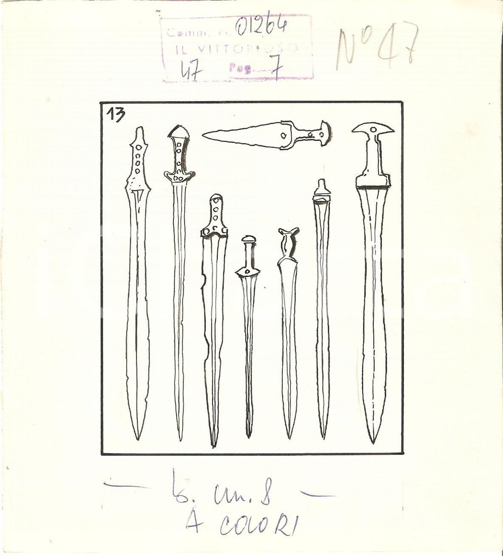 Stampa, bozzetto originale 1955 ca IL VITTORIOSO Spade pugnali ANTICA GRECIA Bozzetto a china per figurina 1