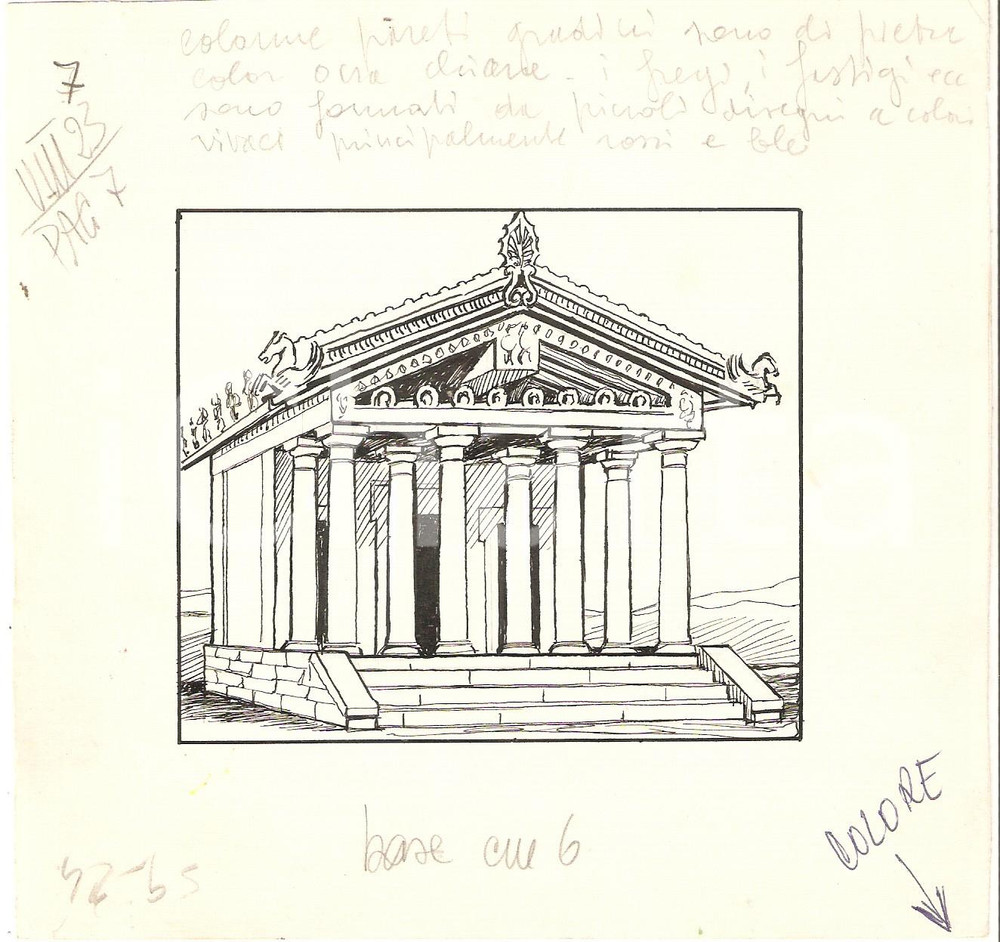 Stampa, bozzetto originale 1955 ca IL VITTORIOSO Tempio greco  Bozzetto a china per figurina 16x15 cm 1