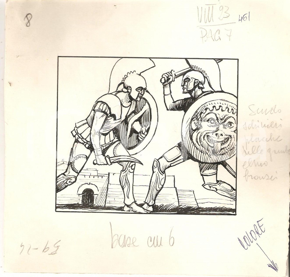 Stampa, bozzetto originale 1955 ca IL VITTORIOSO Lotta tra soldati greci  Bozzetto a china per figurina 1