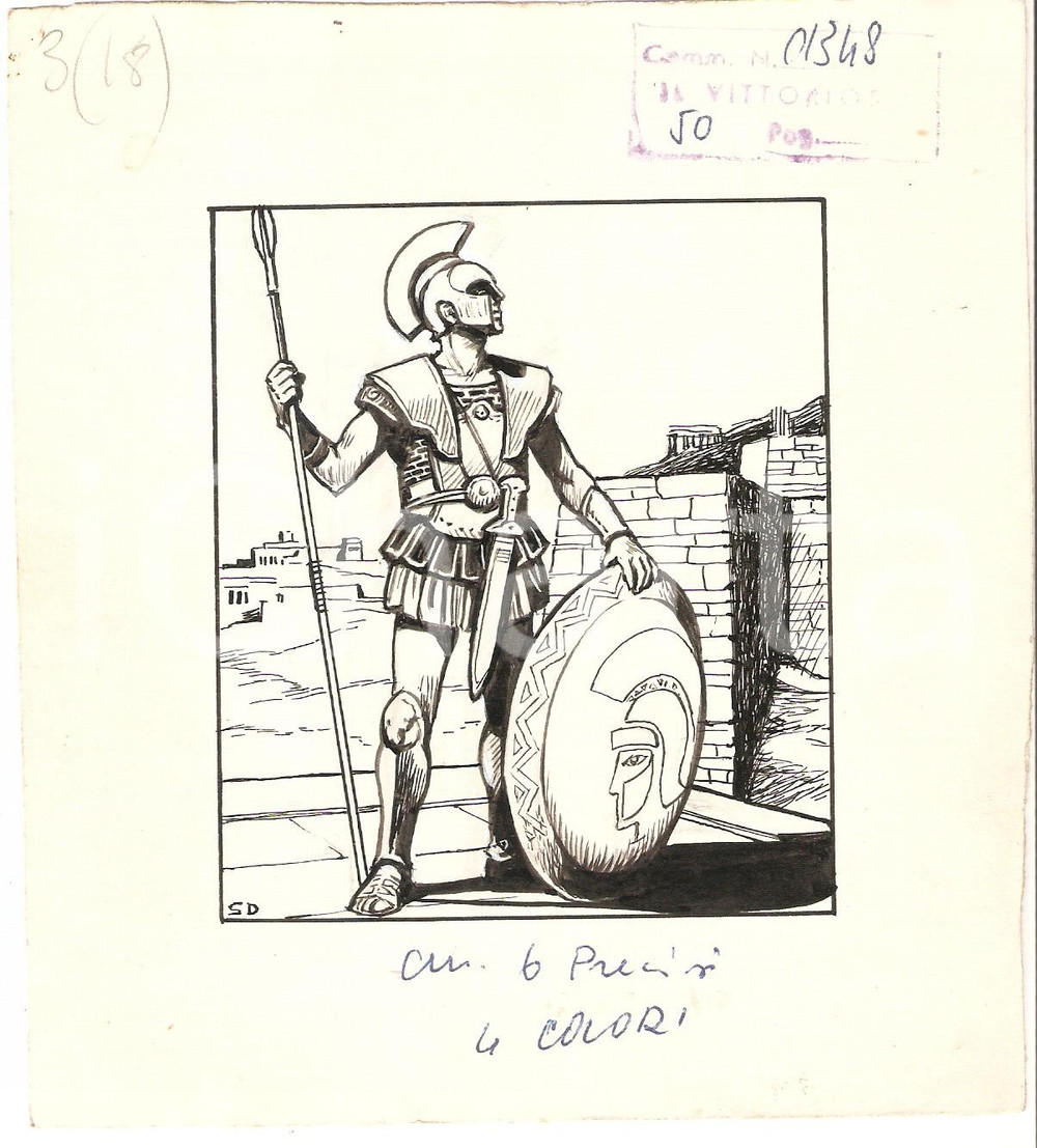 Stampa, bozzetto originale 1955 ca IL VITTORIOSO Guerriero greco con scudo  Bozzetto a china per figurina 1
