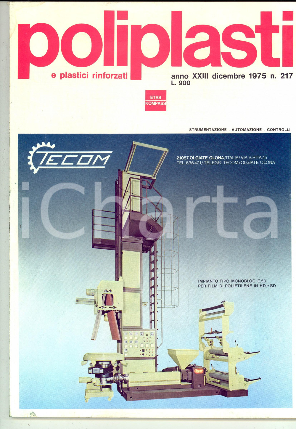 Giornale, rivista storica 1975 POLIPLASTI Strumentazione  automazione  controlli  Rivista nÂ° 217 1