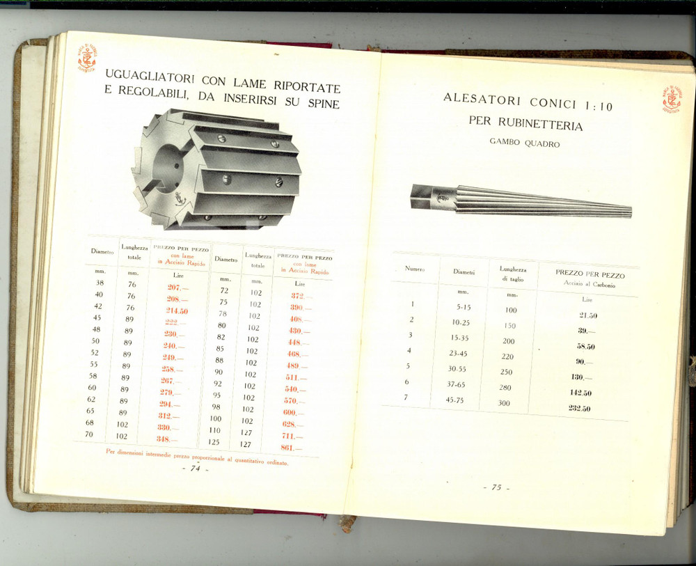 Materiale pubblicitario d’epoca 1934 TORINO ELLI, ZERBONI  & C. Catalogo utensili da taglio 223 pp. DANNEGGIATO 1