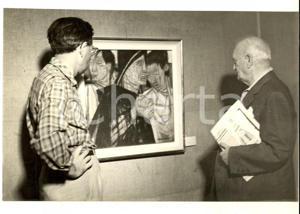 Fotografia d epoca originale 1955 ca GENOVA Mostra del pittore Giuseppe MIGNECO Fotografia 18x13 cm 1