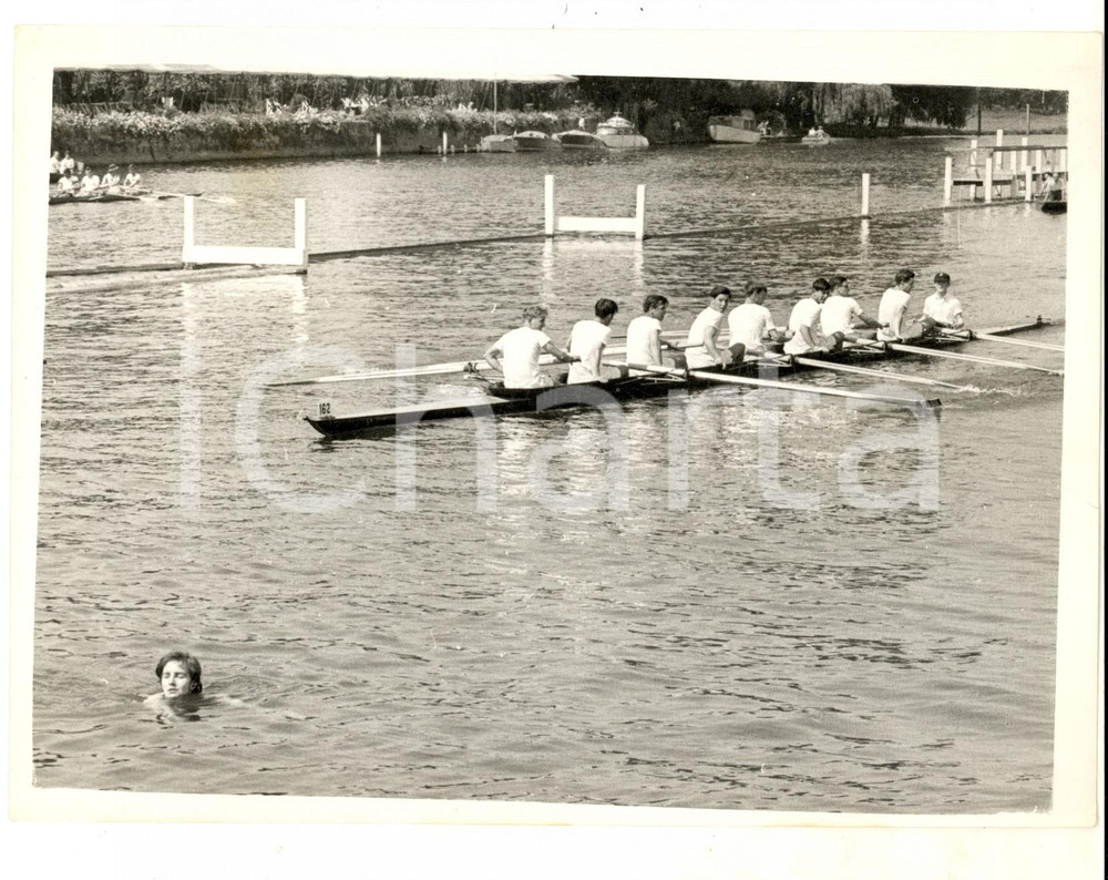 Fotografia d epoca originale 1961 HENLEY ROYAL REGATTA A crew pausing while a girl crosses their course Photo 1