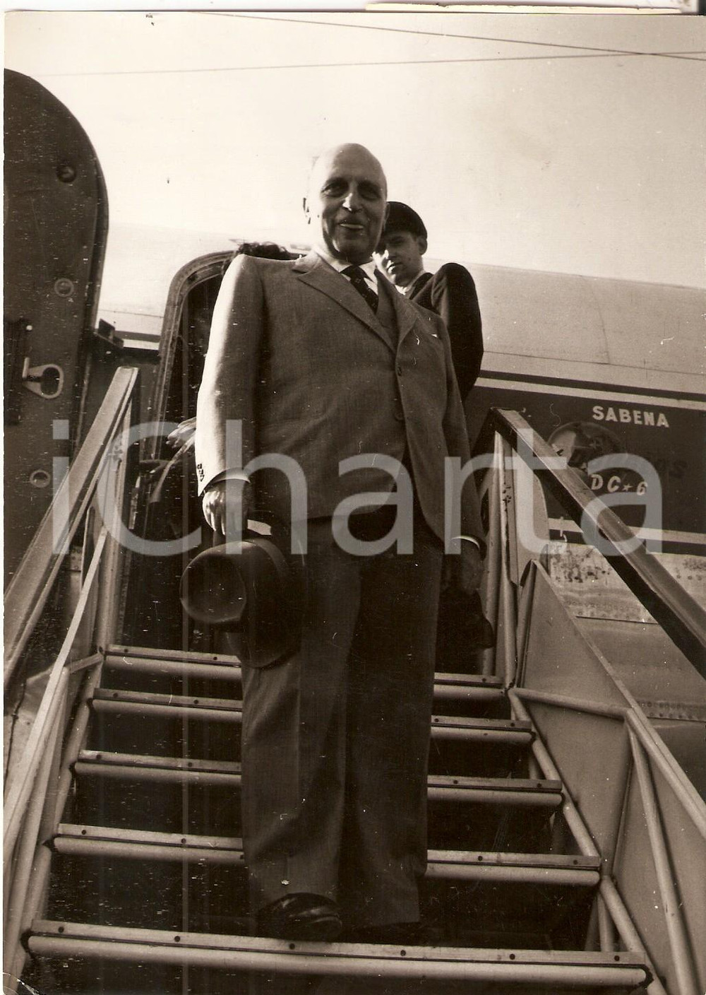 Fotografia d epoca originale 1954 AEROPORTO CIAMPINO Ministro Attilio PICCIONI parte per conferenza CED Foto 1