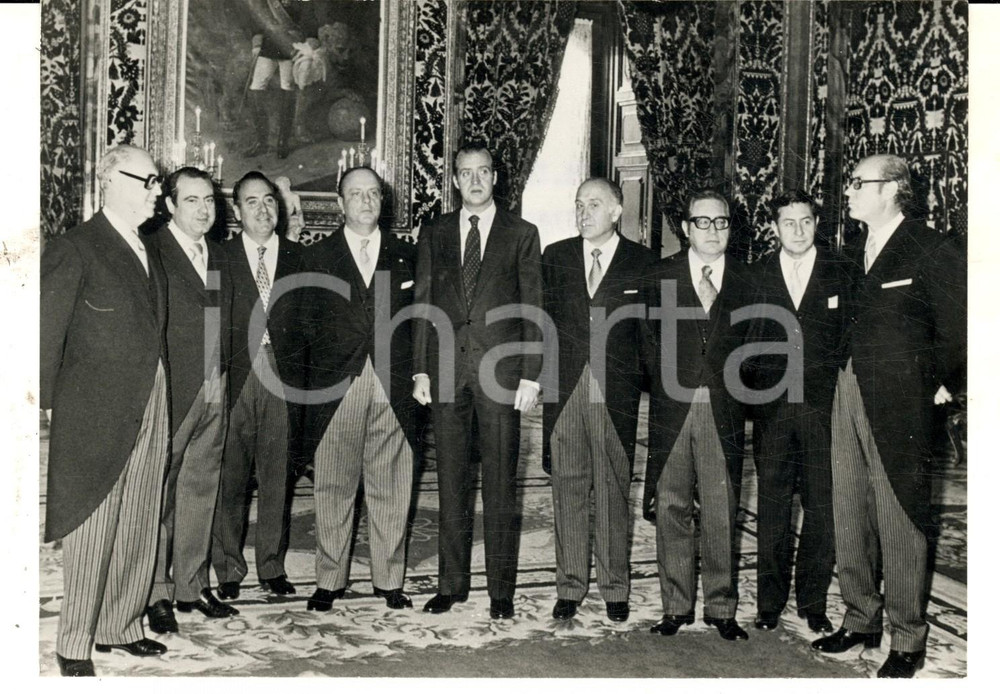 Fotografia d epoca originale 1975 MADRID Re Juan Carlos riceve ALLEANZA POPOLARE dopo la morte di Franco 1