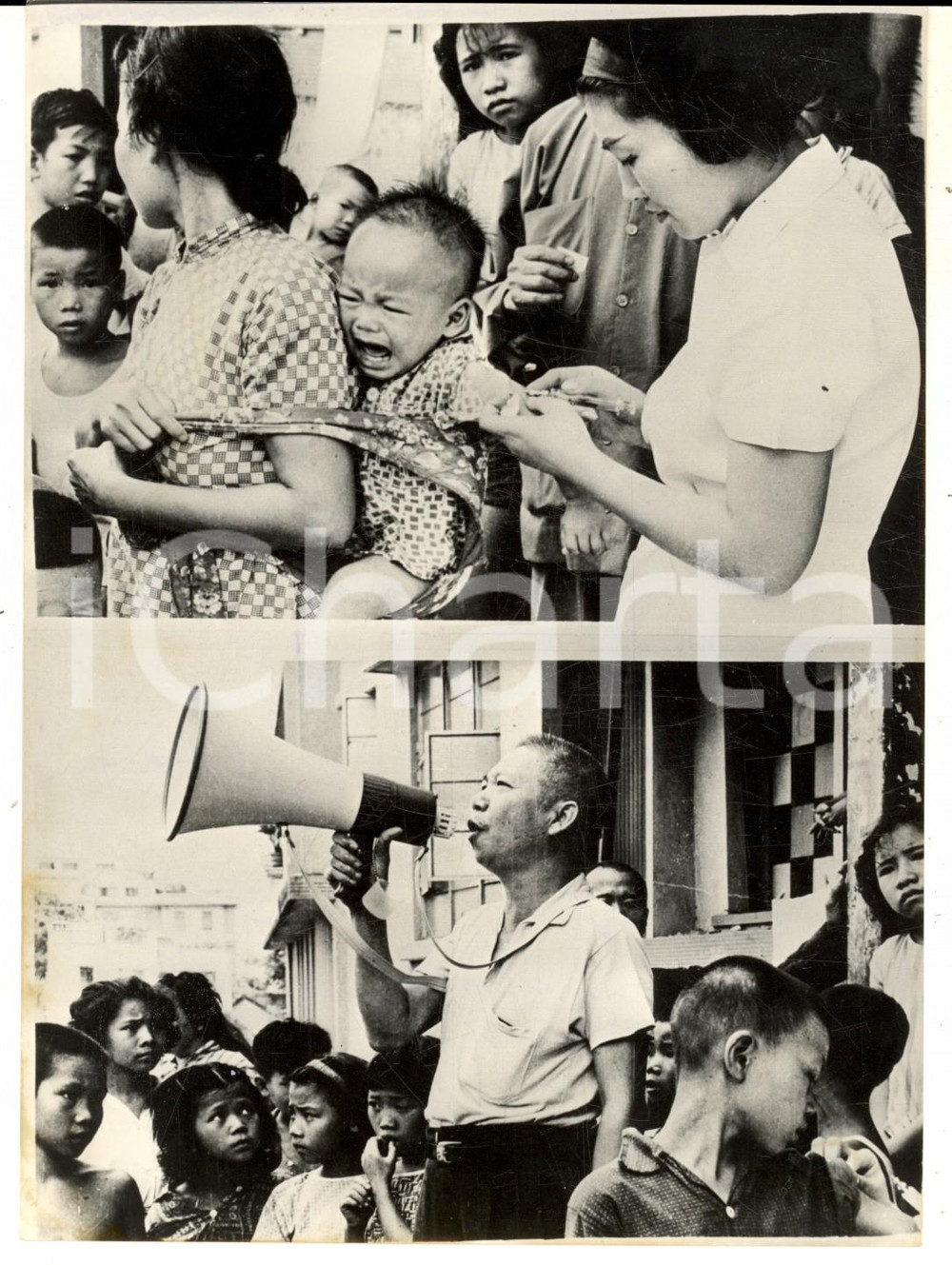 Fotografia d epoca originale 1963 HONG KONG Popolazione riunita per la profilassi contro il colera Foto 1