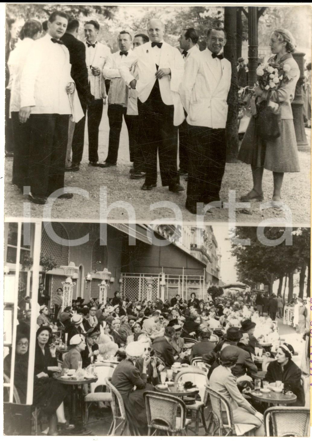 Fotografia d epoca originale 1955 ca PARIS CHAMPSELYSEES Sciopero dei camerieri dei cafÃ© Foto 14x18 1