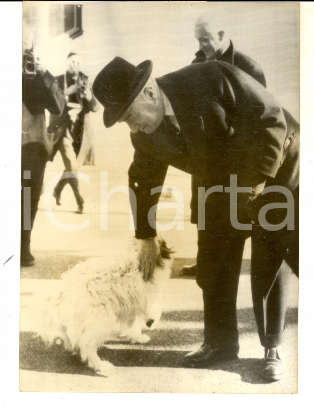 Fotografia d epoca originale 1962 ConfÃ©rence d EVIAN  Louis JOXE caresse un chien pendant une pause Photo 1