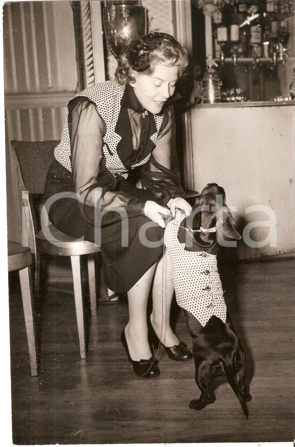 Fotografia d epoca originale 1953 LONDON  SOHO Joan GILBERT and her dachshund at WAISTCOAT CLUB luncheon 1