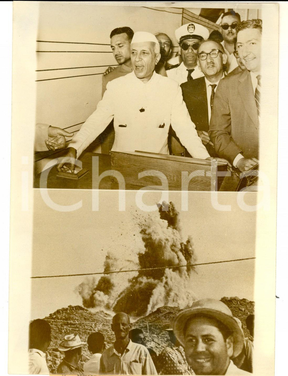 Fotografia d epoca originale 1960 ASSUAN Jawaharlal NEHRU visita i lavori alla diga e fa esplodere dinamite 1